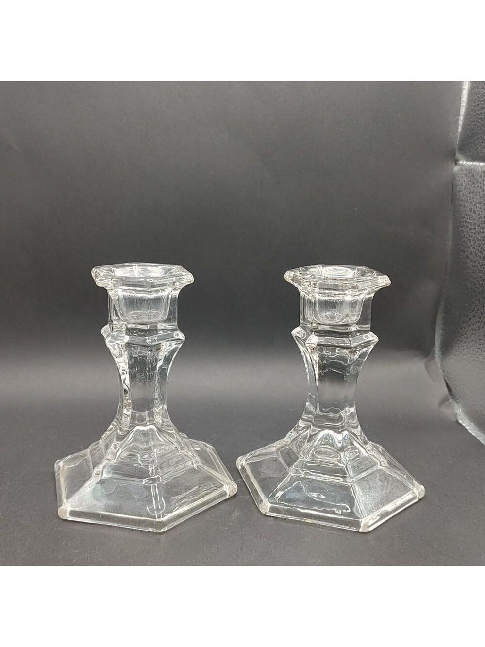 Vintage Clear Glass Candle Holders Hexagonal Colonial Style Short